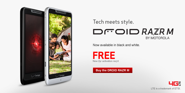 Free Droid RAZR M by Motorola. Now available in blue, black and white. New 2 year activation required.