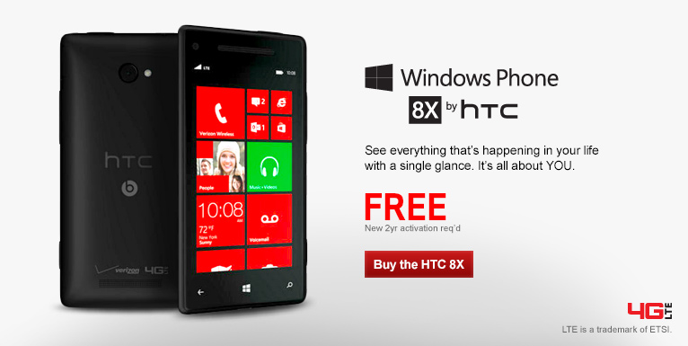 Free Windows 8X by HTC. New 2 year activation required.