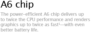 A6 chip - The power-efficient A6 chip delivers up to twice the CPU performance and renders graphics up to twice as fast&sup1;-with even better battery life.